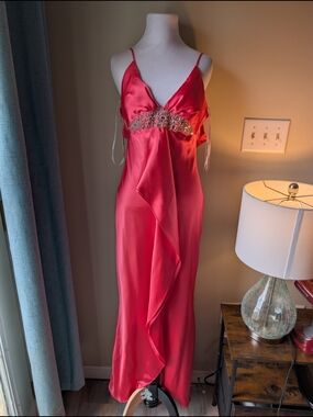 Y2K Morgan & Co. Pink Satin Feel V Neck Evening Gown with Embellished Waist